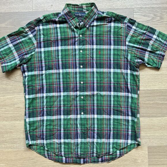 Ralph Lauren Shirt Men XL Blak Green Plaid Short Sleeve Preppy 90s Retro Cotton - Picture 1 of 7
